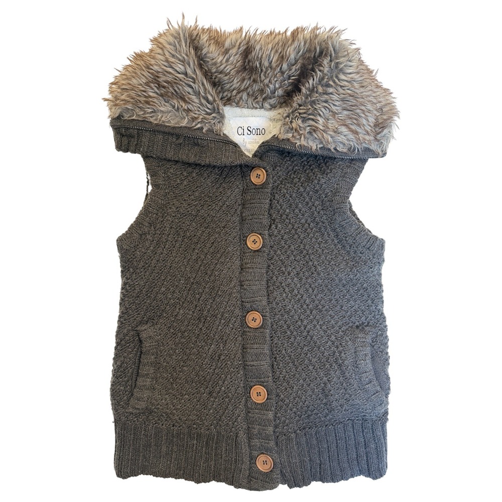 Ci Sono Sweater Vest Women Small Gray Faux Fur Trim Knit Sleeveless RN83098